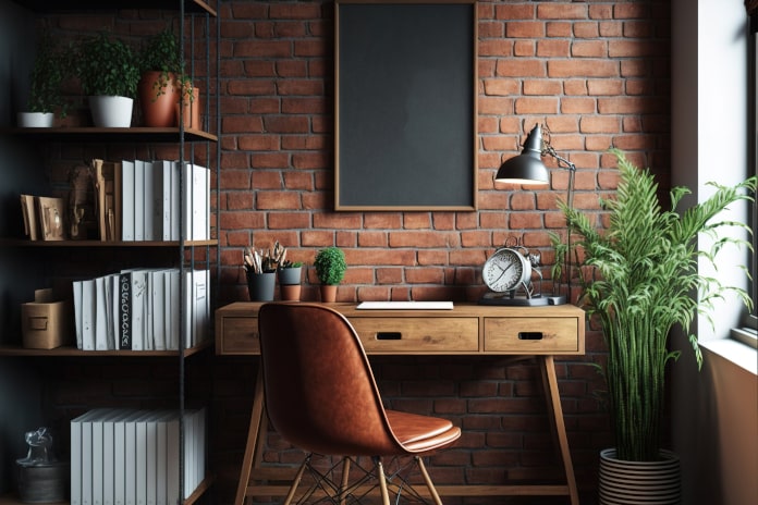 Metallregal mit Holztisch und Stuhl vor einer Backsteinwand